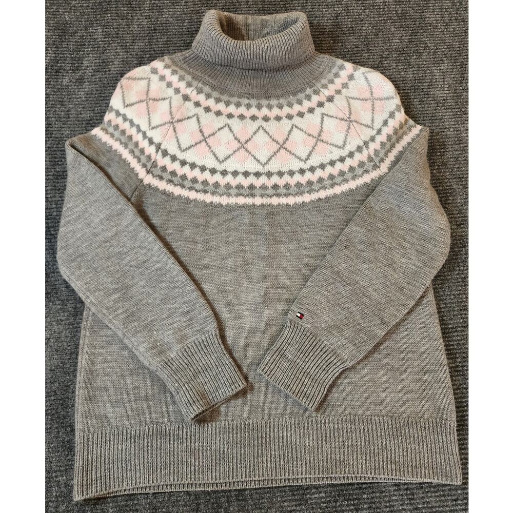 Tommy Hilfiger Women's XL Pink Grey Roll Neck Fair Isle Sweater Winter Festive
